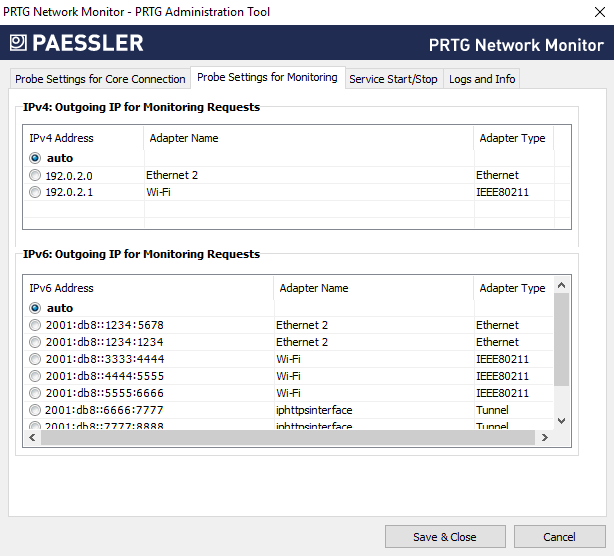 Probe Settings for Monitoring Tab