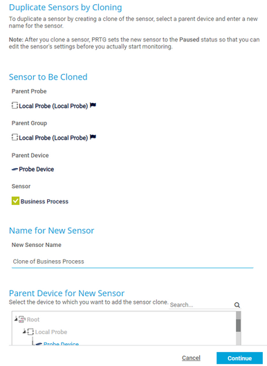 Clone Dialog for a Sensor