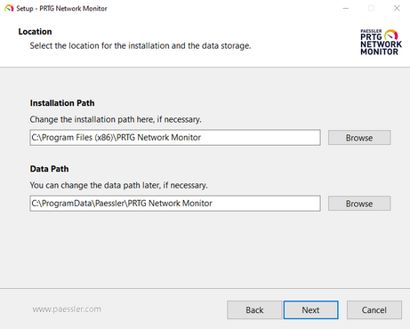 Setup Dialog: Location for Installation and Data Storage